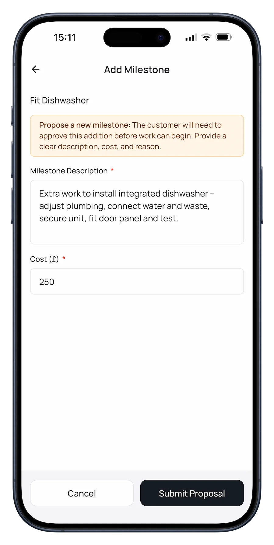 Mobile screenshot of a tradesperson adding a new milestone to an existing job