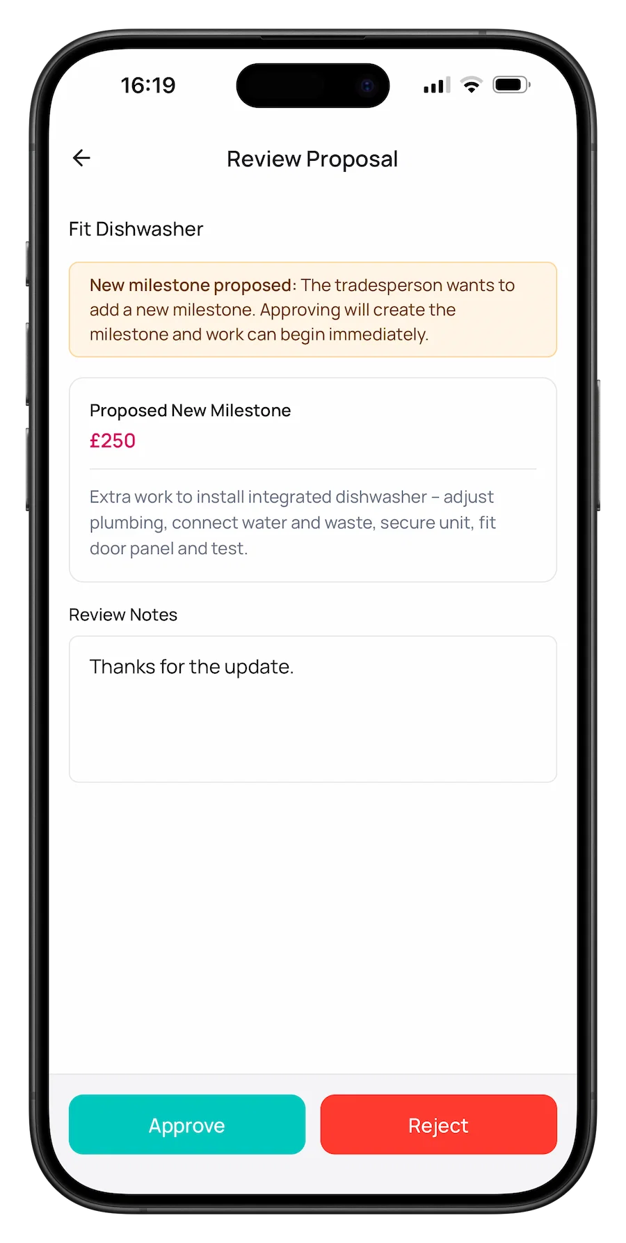Mobile screenshot of a customer agreeing to a new milestone added during the project