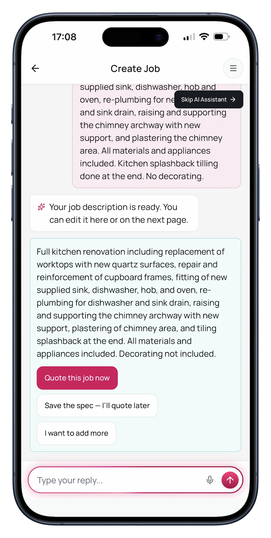 AI chat helping a homeowner describe their renovation job on Renofy