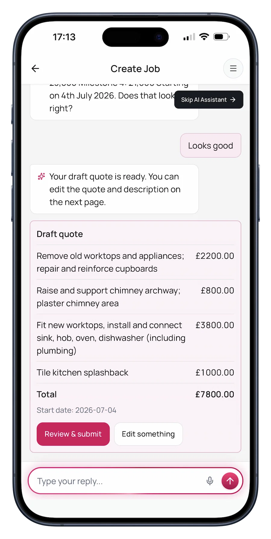 AI-generated quote with project breakdown on Renofy