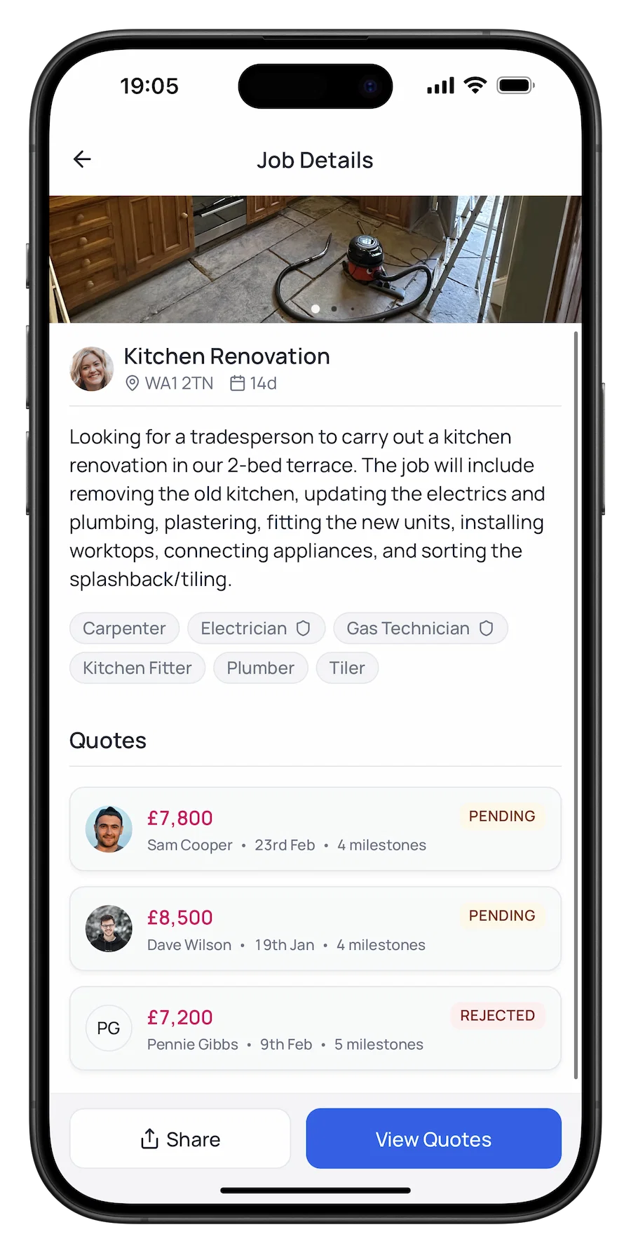 Mobile screenshot of Renofy's quote comparison view showing multiple tradesperson quotes side by side
