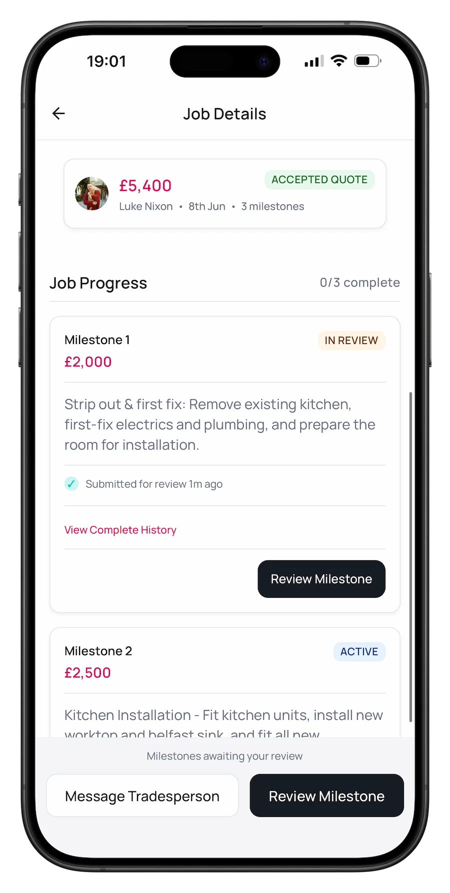 Job deep dive with accepted quote and milestones on Renofy