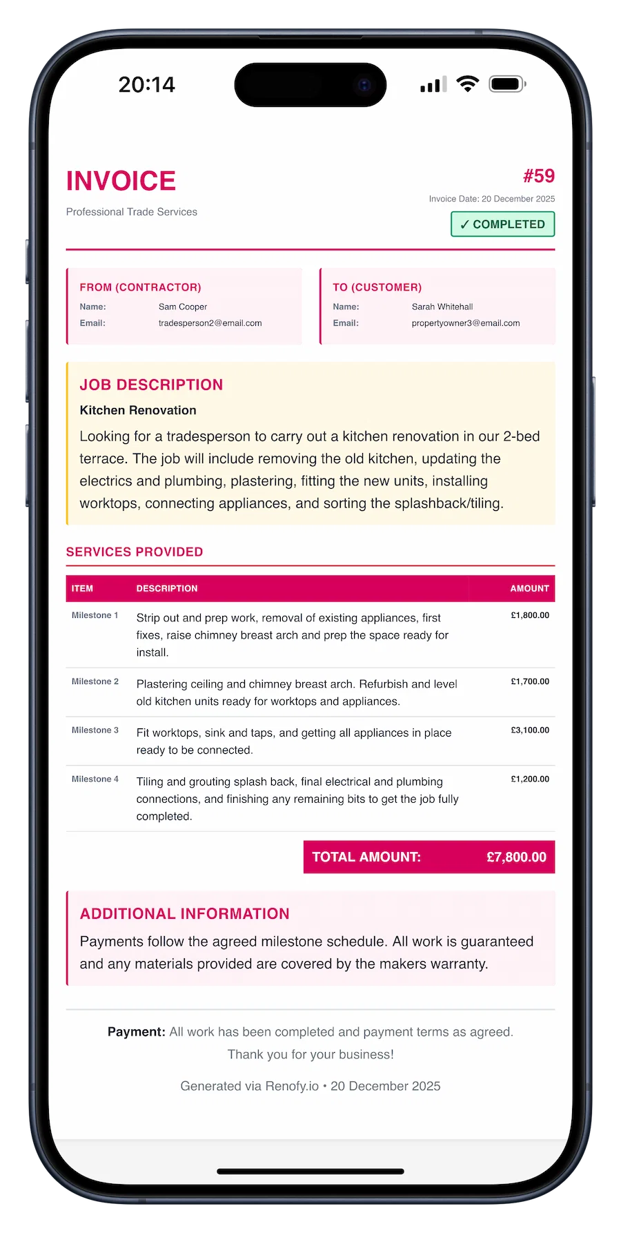 Invoice PDF generated from agreed milestones on Renofy