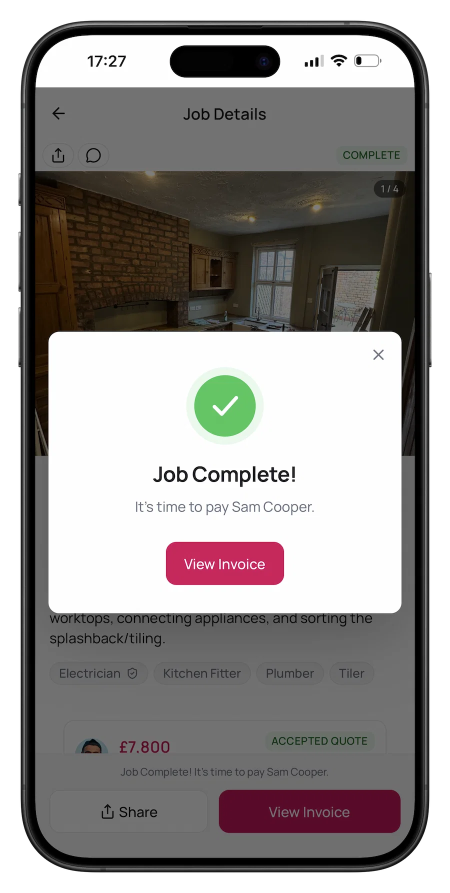 Mobile screenshot of Renofy's job complete payment reminder prompting the customer to pay