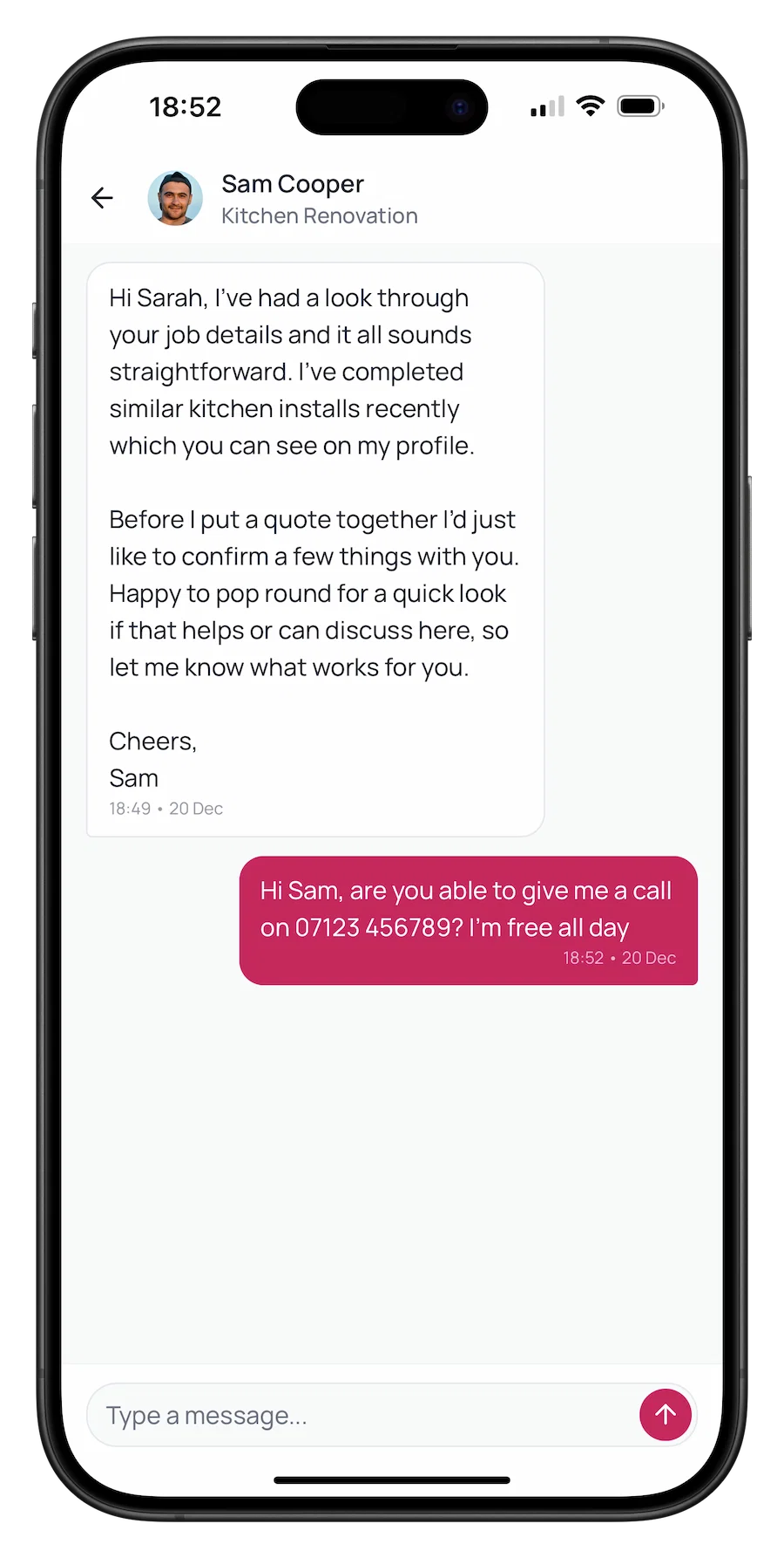 Mobile screenshot of Renofy's messaging interface where customers can chat with tradespeople about project details