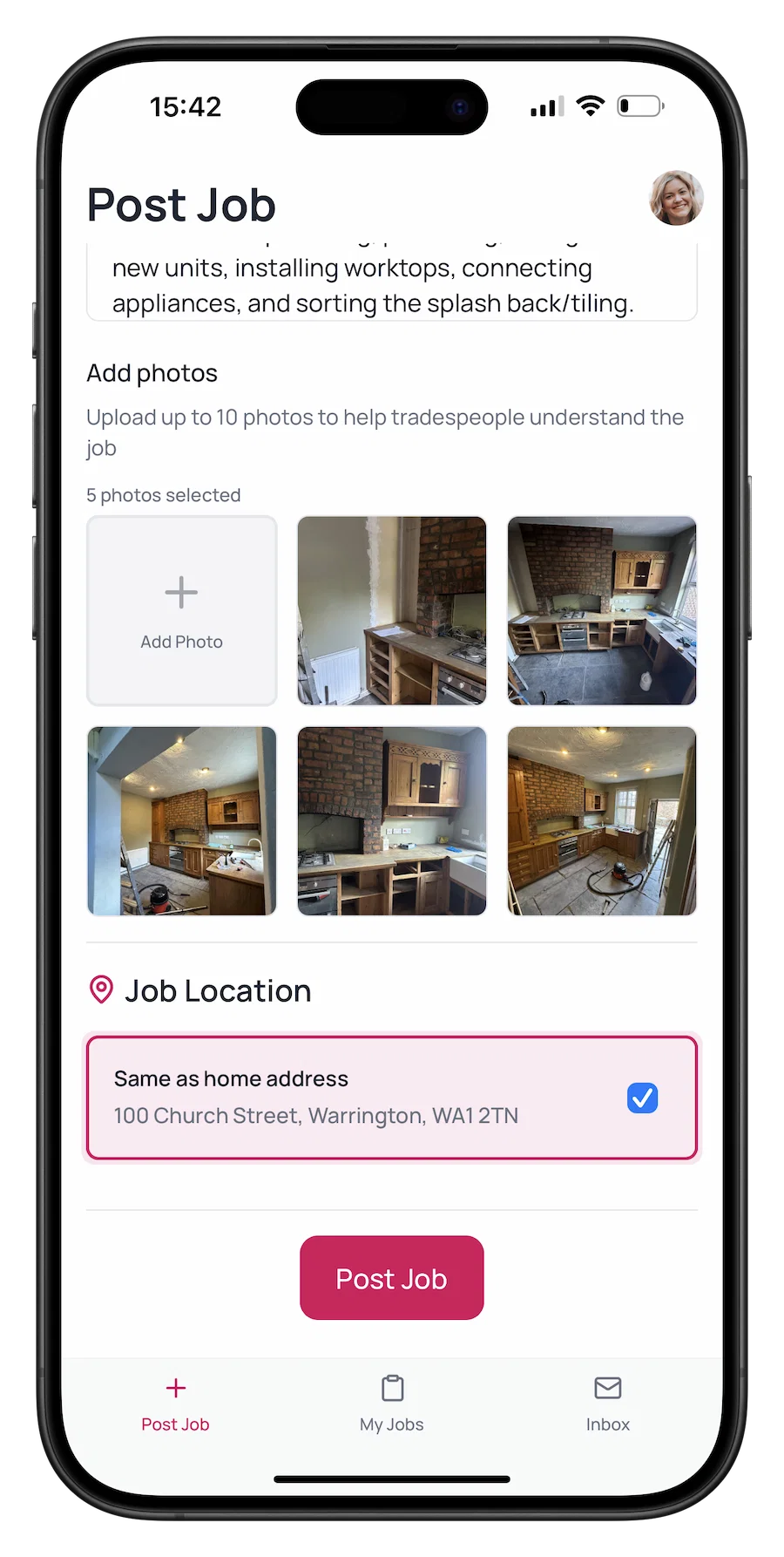 Mobile screenshot of Renofy's job posting form showing project details, photos, and location fields