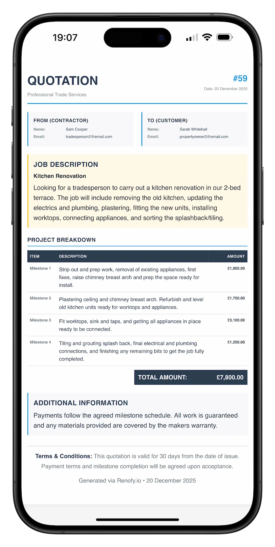 Quote PDF with project breakdown on Renofy