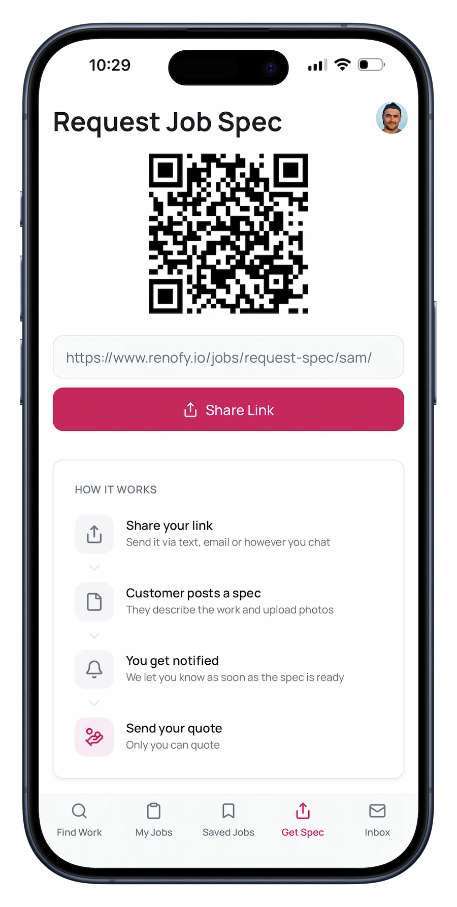 Mobile screenshot showing a tradesperson requesting a job spec from a customer in Renofy