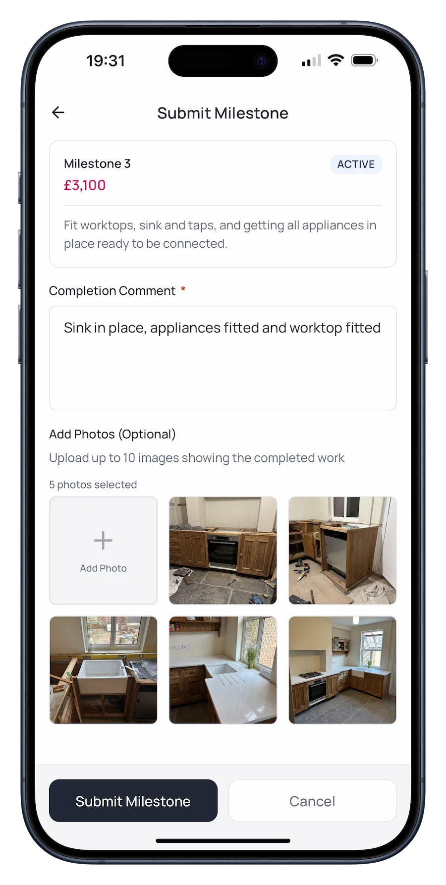 Mobile screenshot of tradespeople logging progress photos and updates during a job