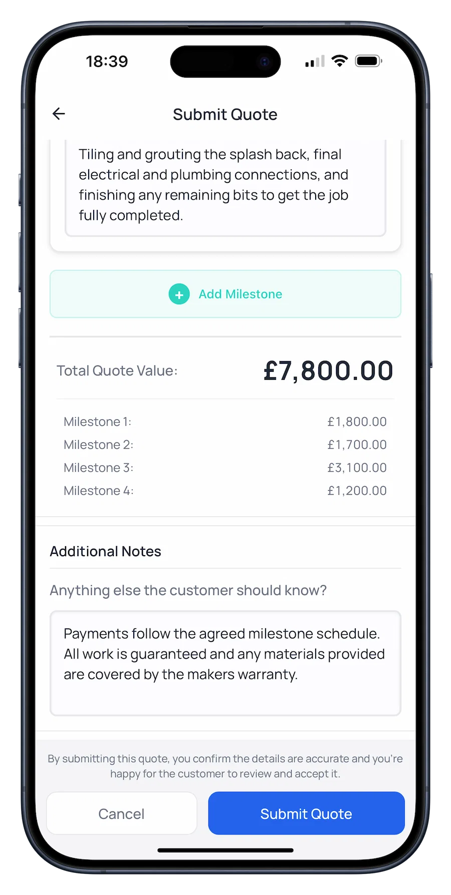Mobile screenshot of Renofy's milestone-based quoting interface for tradespeople