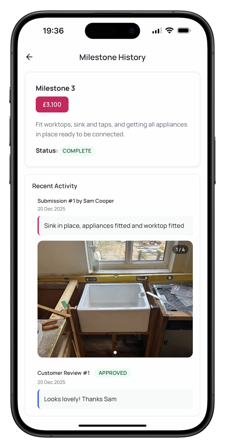 Mobile screenshot of progress tracking with milestone photos and updates